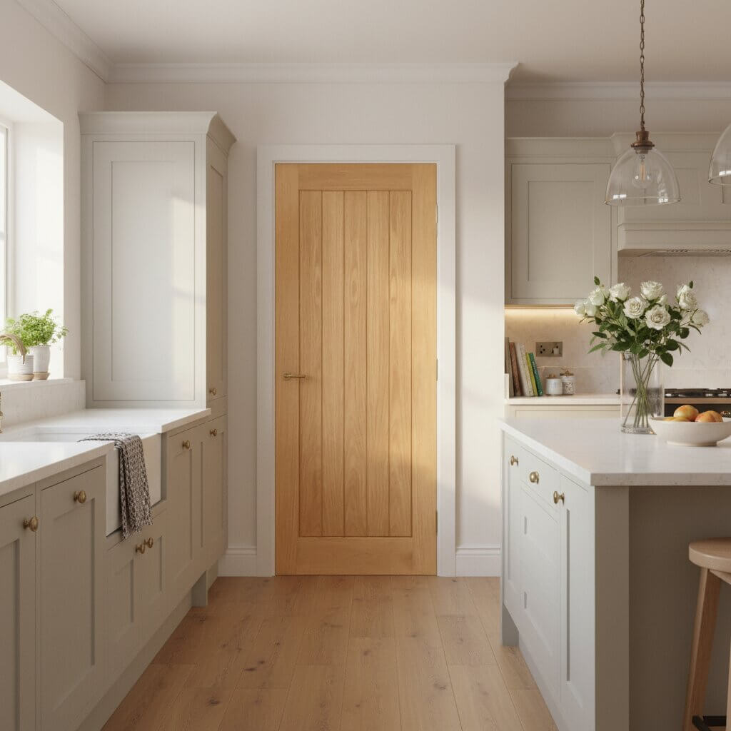 Lifestyle Deanta Ely prefinished oak FD60 fire door in a cream kitchen interior