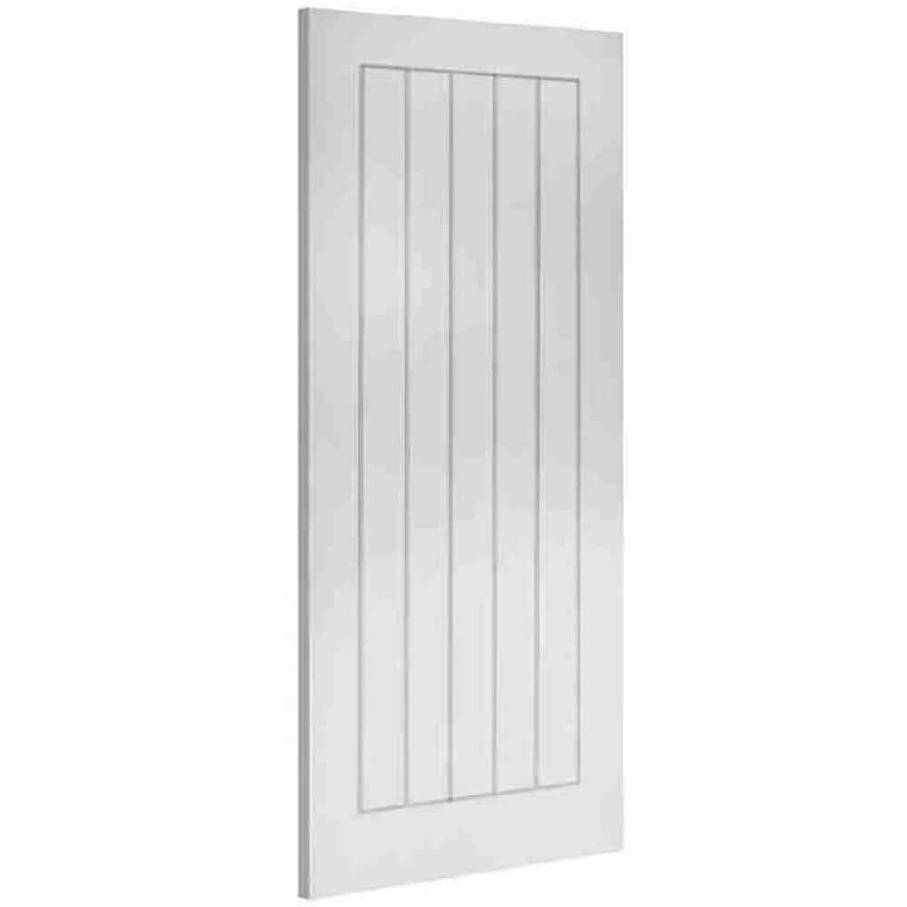Product Deanta Ely white primed FD60 fire door with vertical panel design, angled view