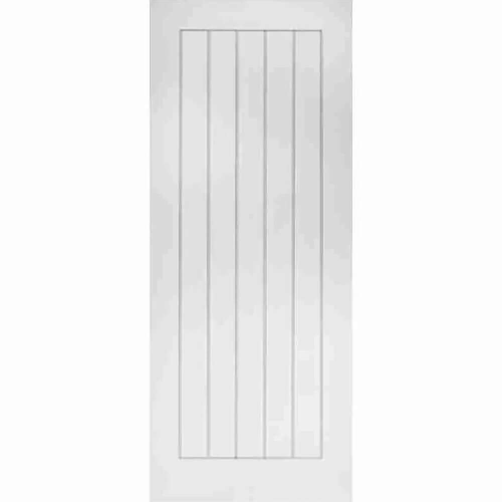 Product Deanta Ely white primed FD60 fire door with vertical panel design, front view