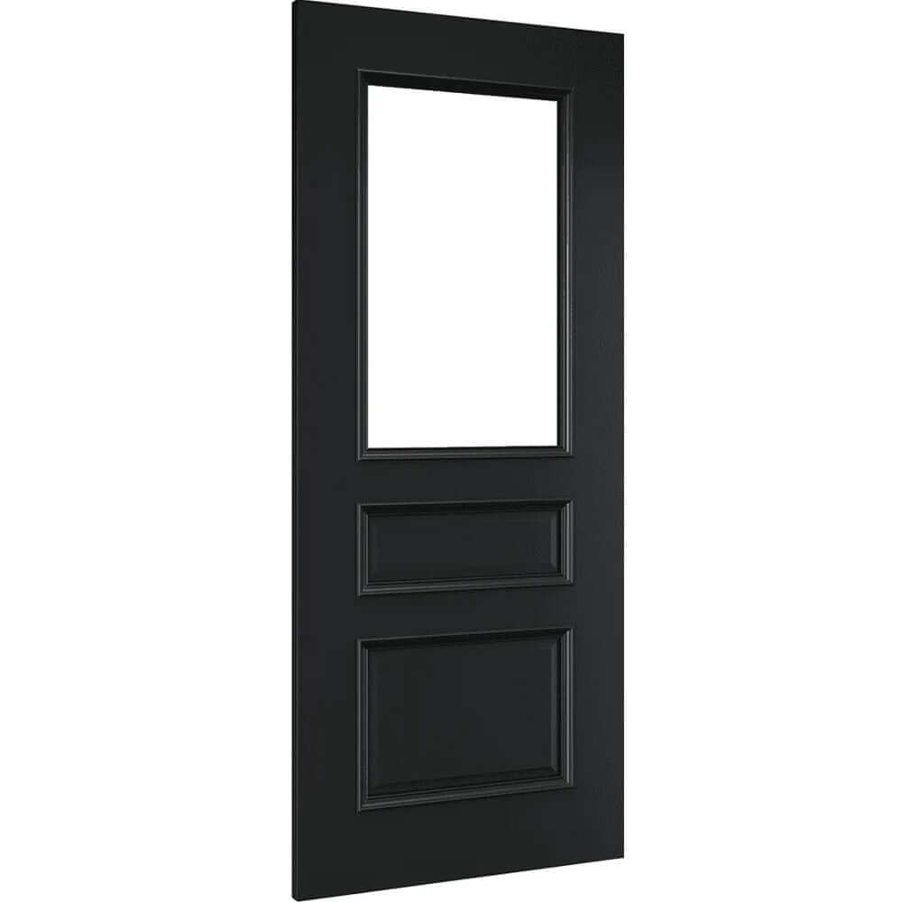 Product Windsor prefinished black glazed FD30 fire door with two raised lower panels, angled view