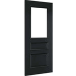 Product Windsor prefinished black glazed FD30 fire door with two raised lower panels, angled view