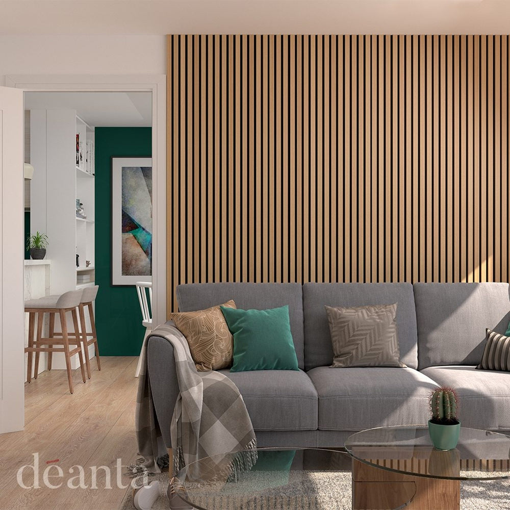 Lifestyle Deanta oak acoustic wall panelling panel in a room setting