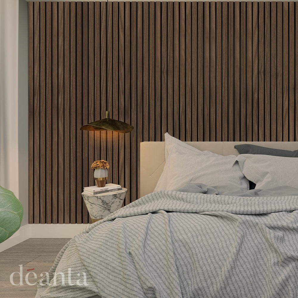 Lifestyle Deanta walnut PLUS acoustic wall panelling panel in a room setting