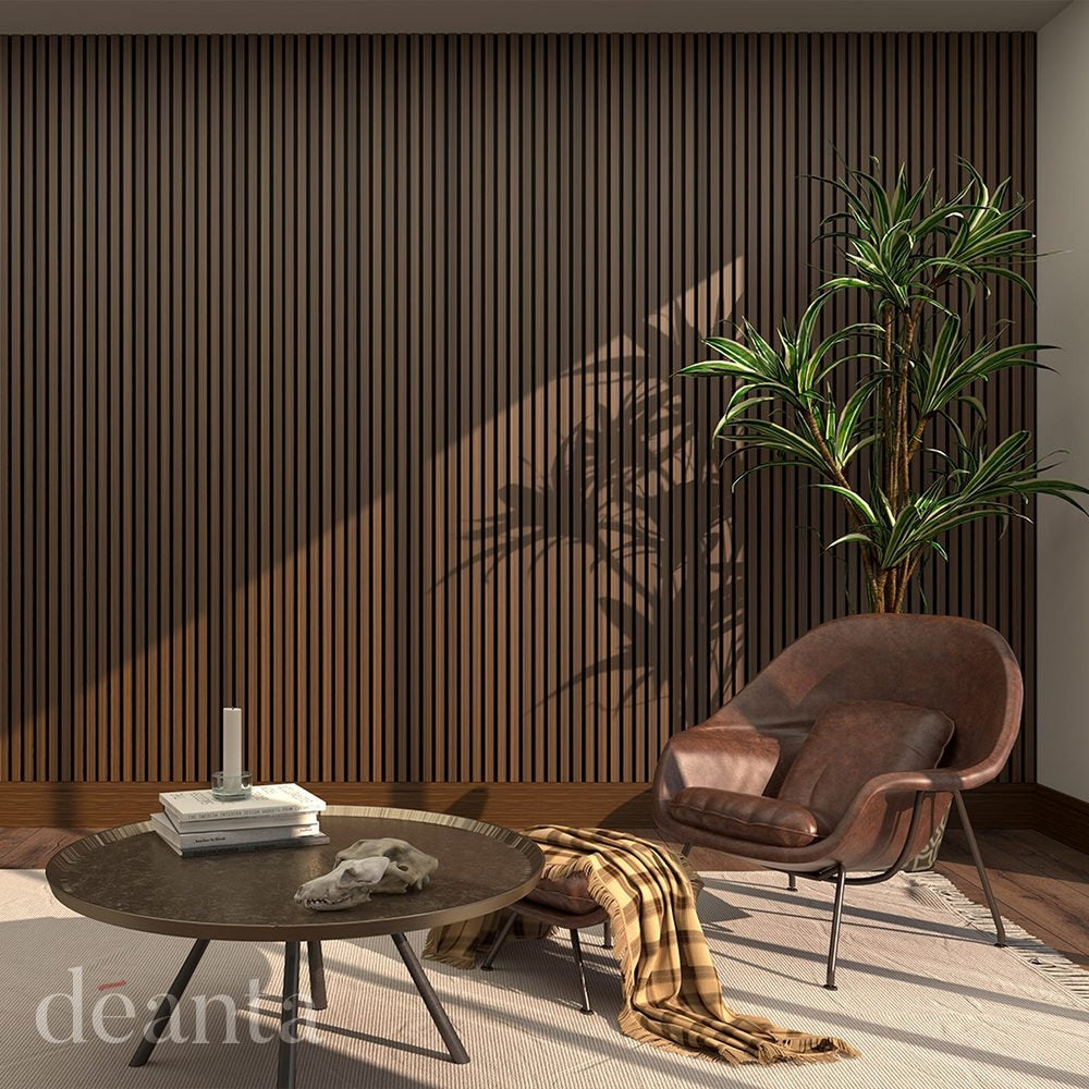 Lifestyle Deanta walnut acoustic wall panelling panel in a room setting