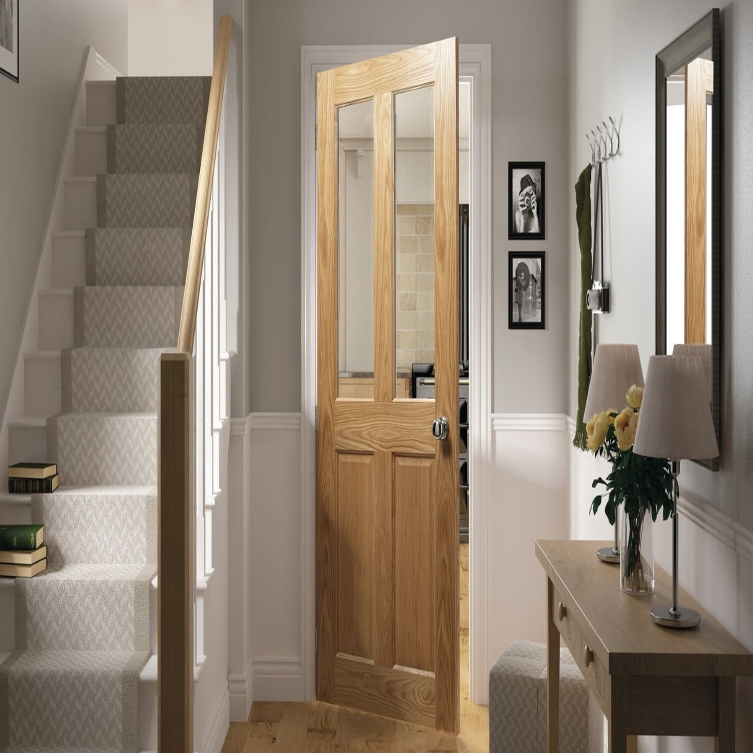 Deanta Bury Victorian Glazed Oak 4 Panel Internal Door - Lifestyle Image 1