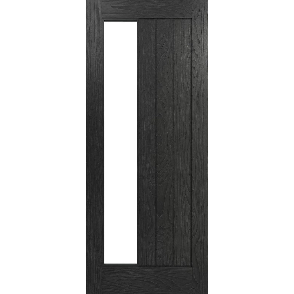 Product Deanta Ely brushed black oak clear glazed internal door on white background