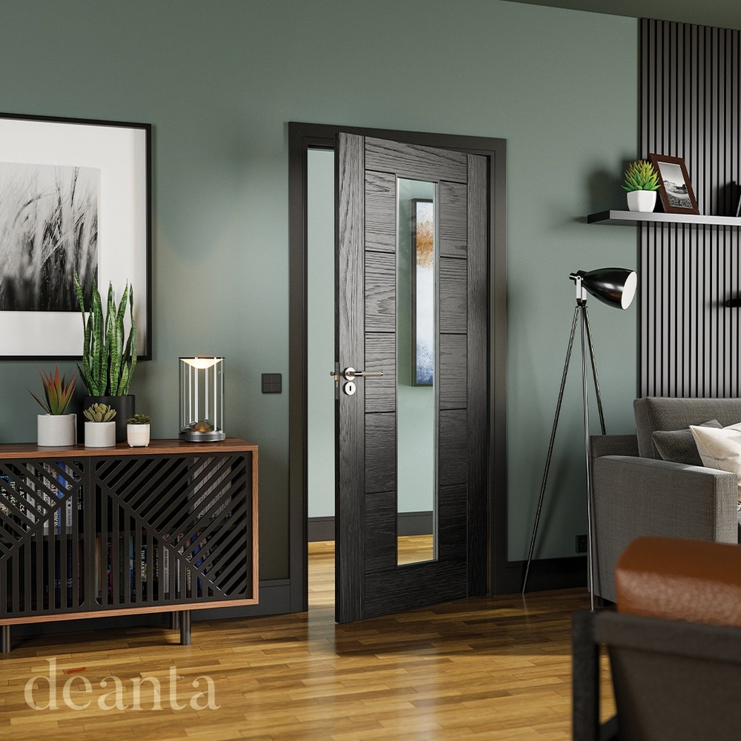 Deanta Seville Brushed Black Oak Glazed Internal Door - Lifestyle Image 2