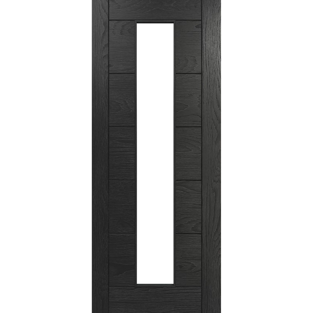 Product Deanta Seville brushed black oak glazed internal door on white background