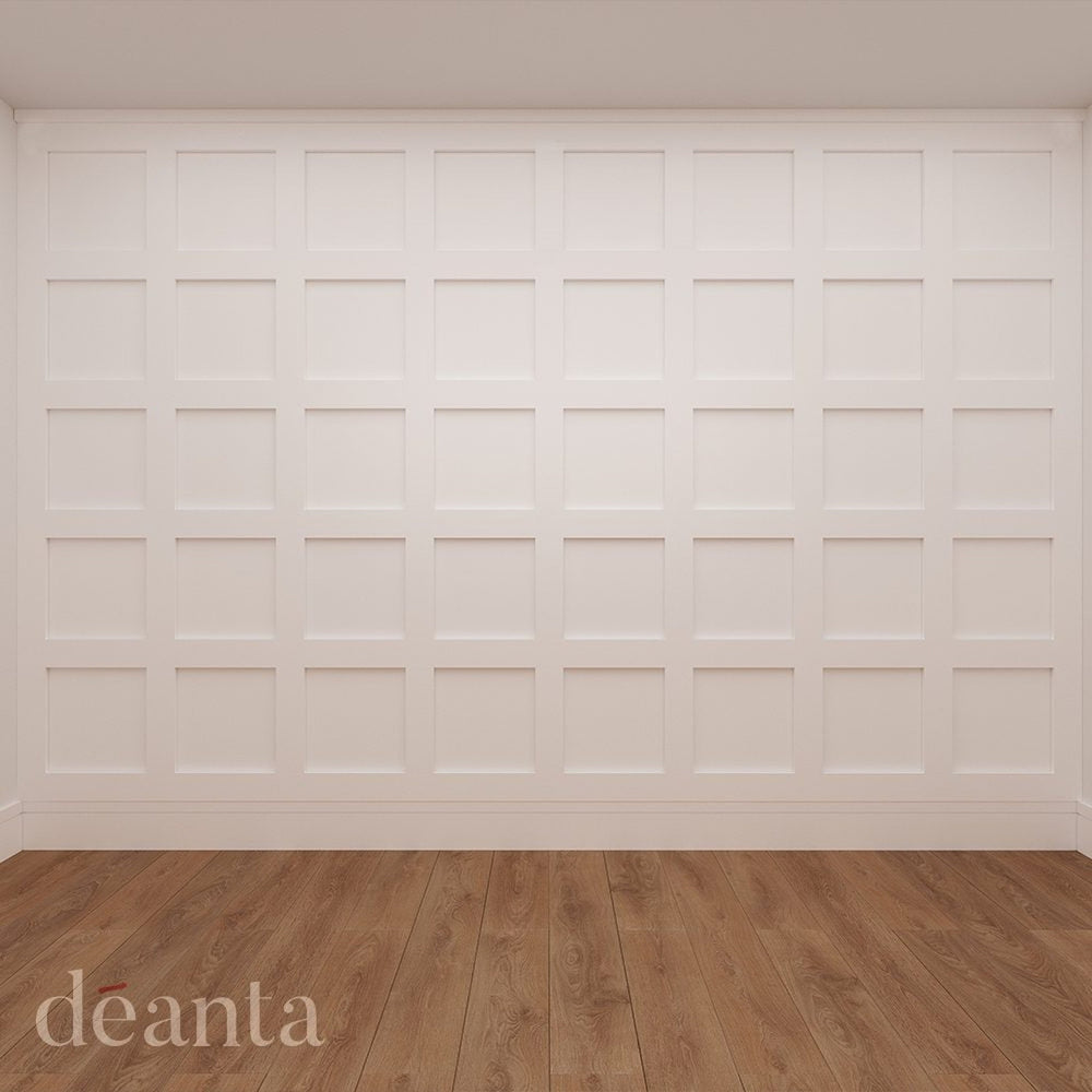 Lifestyle white primed shaker wall panelling installed in an empty room