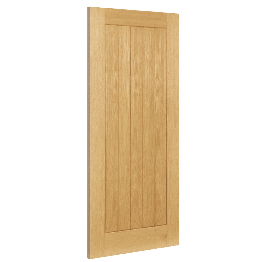 Product Ely oak internal door with vertical grooved panels, angled view