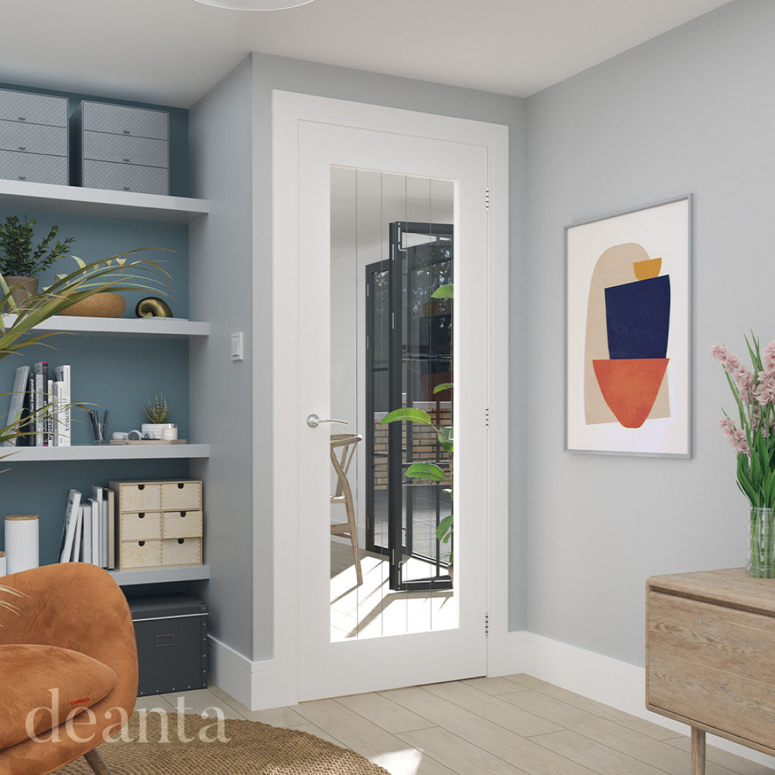Lifestyle Ely white primed glazed internal door installed in a light grey room