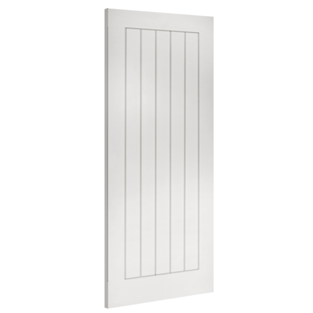 Product Ely primed internal door with vertical grooved panels, angled view