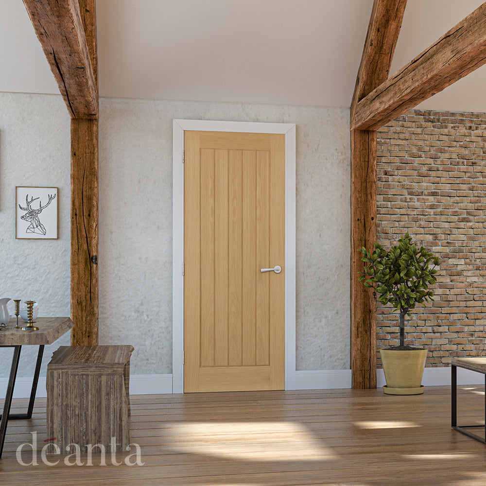 Lifestyle Ely oak internal door with vertical grooved panels in a home interior