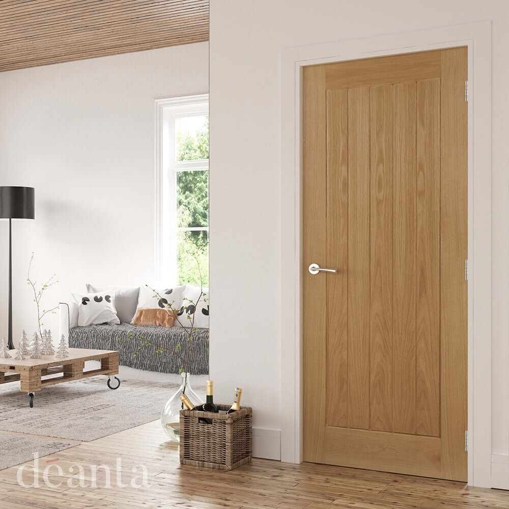 Lifestyle Ely oak internal door with vertical grooved panels in a home interior
