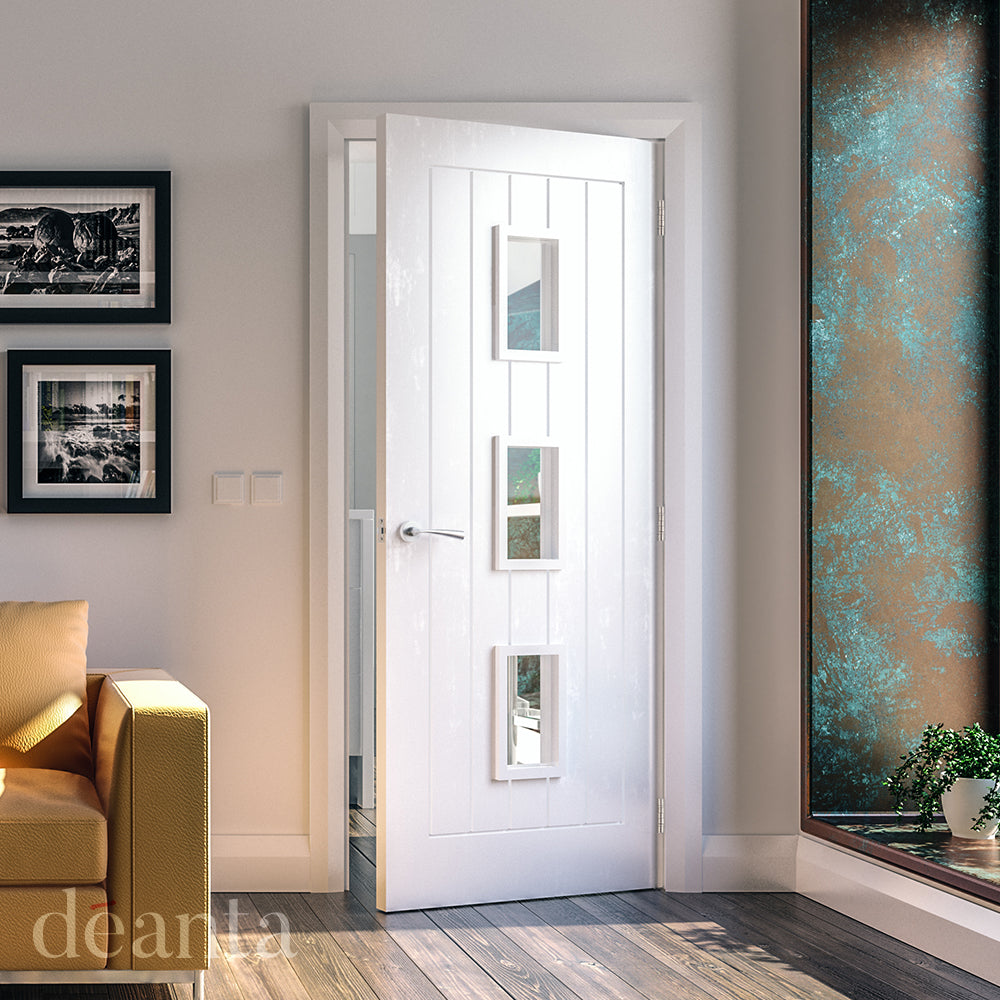 Lifestyle white primed door with clear glazed panel in a bright interior