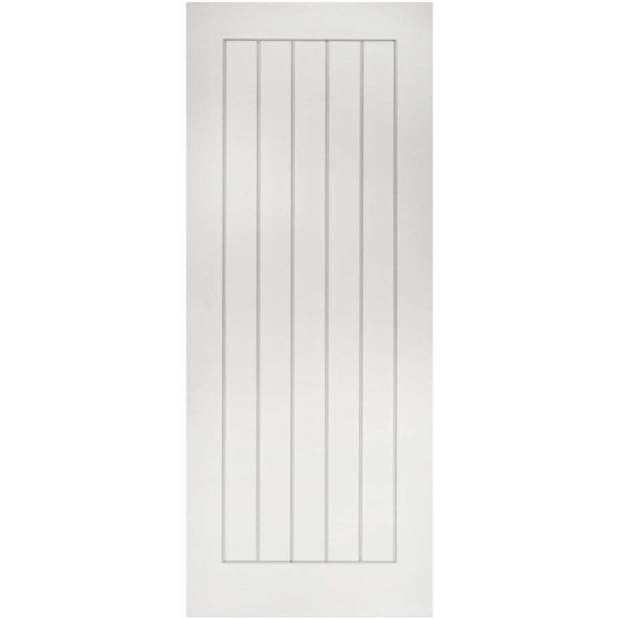 Deanta Ely white primed FD60 fire door with square-cut vertical grooves, front view