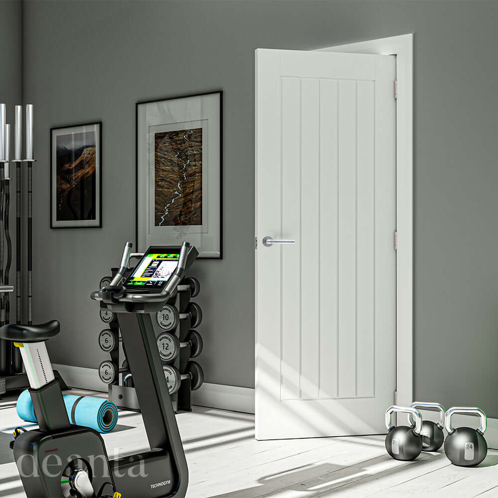 Lifestyle Ely primed internal door with vertical grooved panels in a home interior
