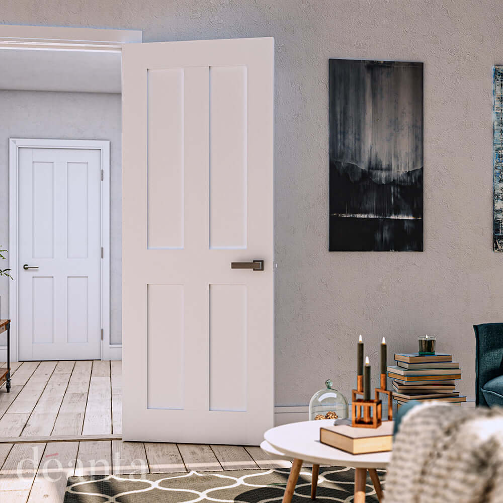 Lifestyle Eton primed internal door with four-panel design in a home interior