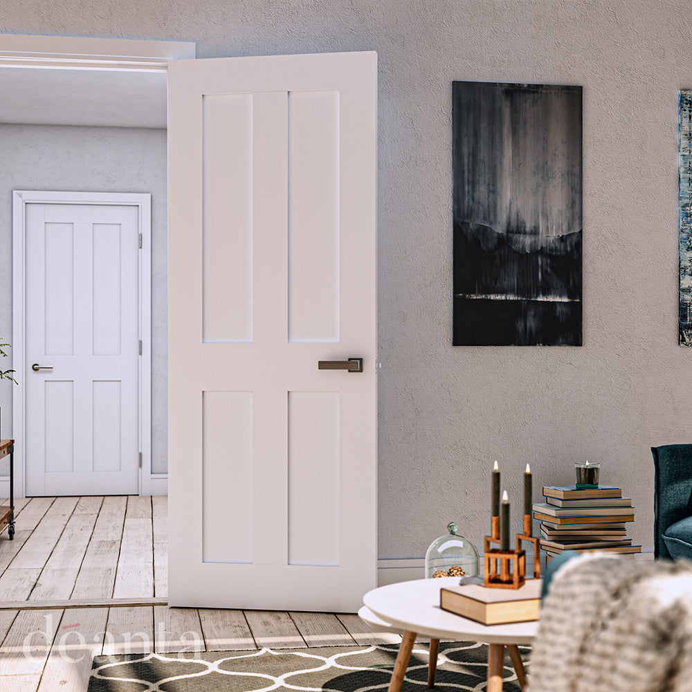 Lifestyle white primed Eton solid internal door in a bright home interior