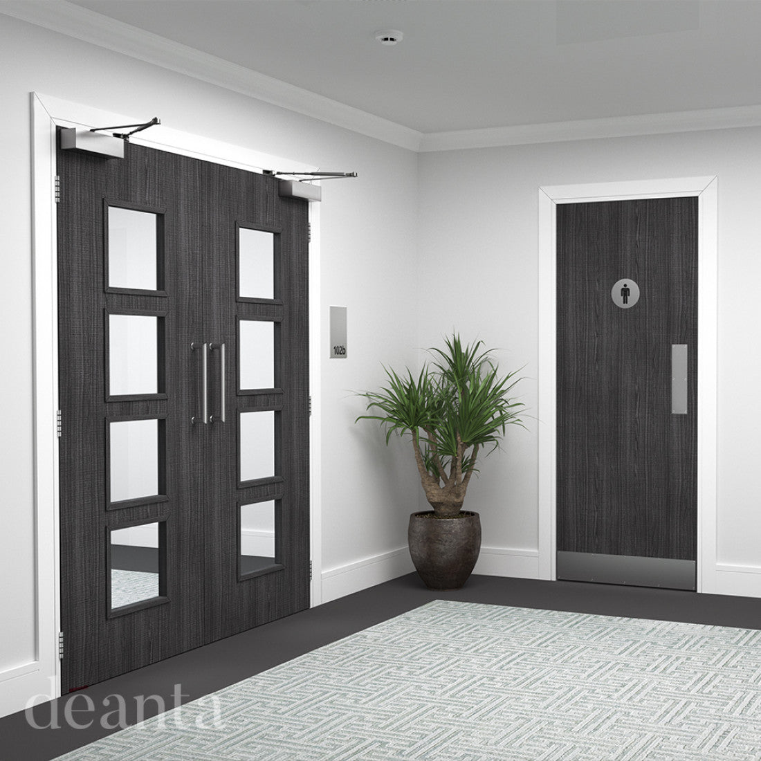 Lifestyle flush door grey ash double-glazed internal door in a light room with neutral walls