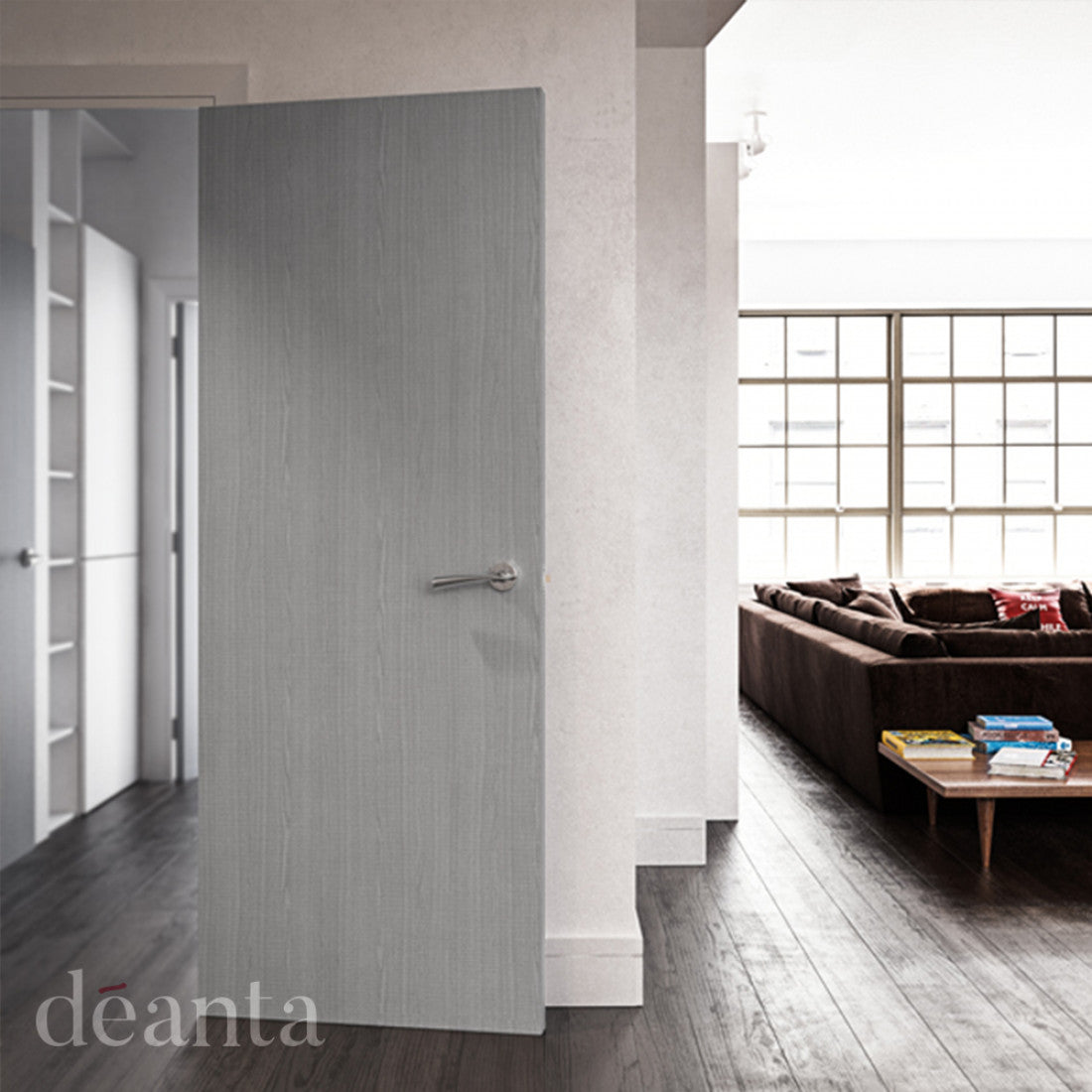 Lifestyle flush door light grey ash glazed internal door in a bright room