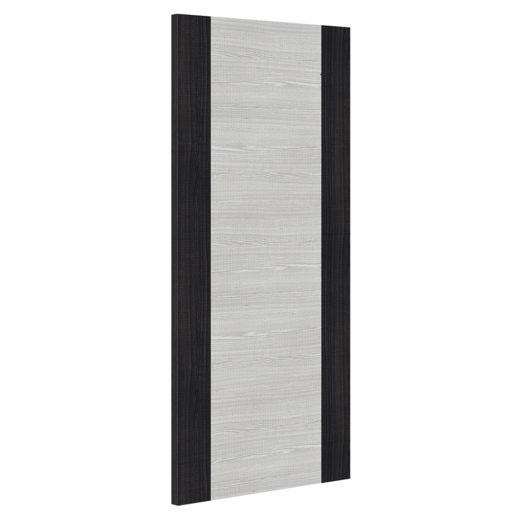 Light grey ash flush FD30 fire door with dark grey edges, angled view