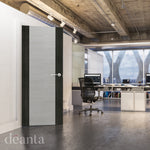 Lifestyle flush door light grey ash etched-glass internal door in a bright neutral room