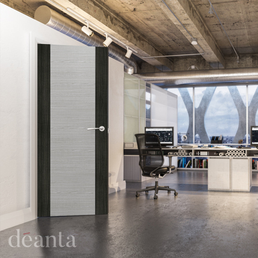 Lifestyle flush door light grey ash etched-glass internal door in a bright room
