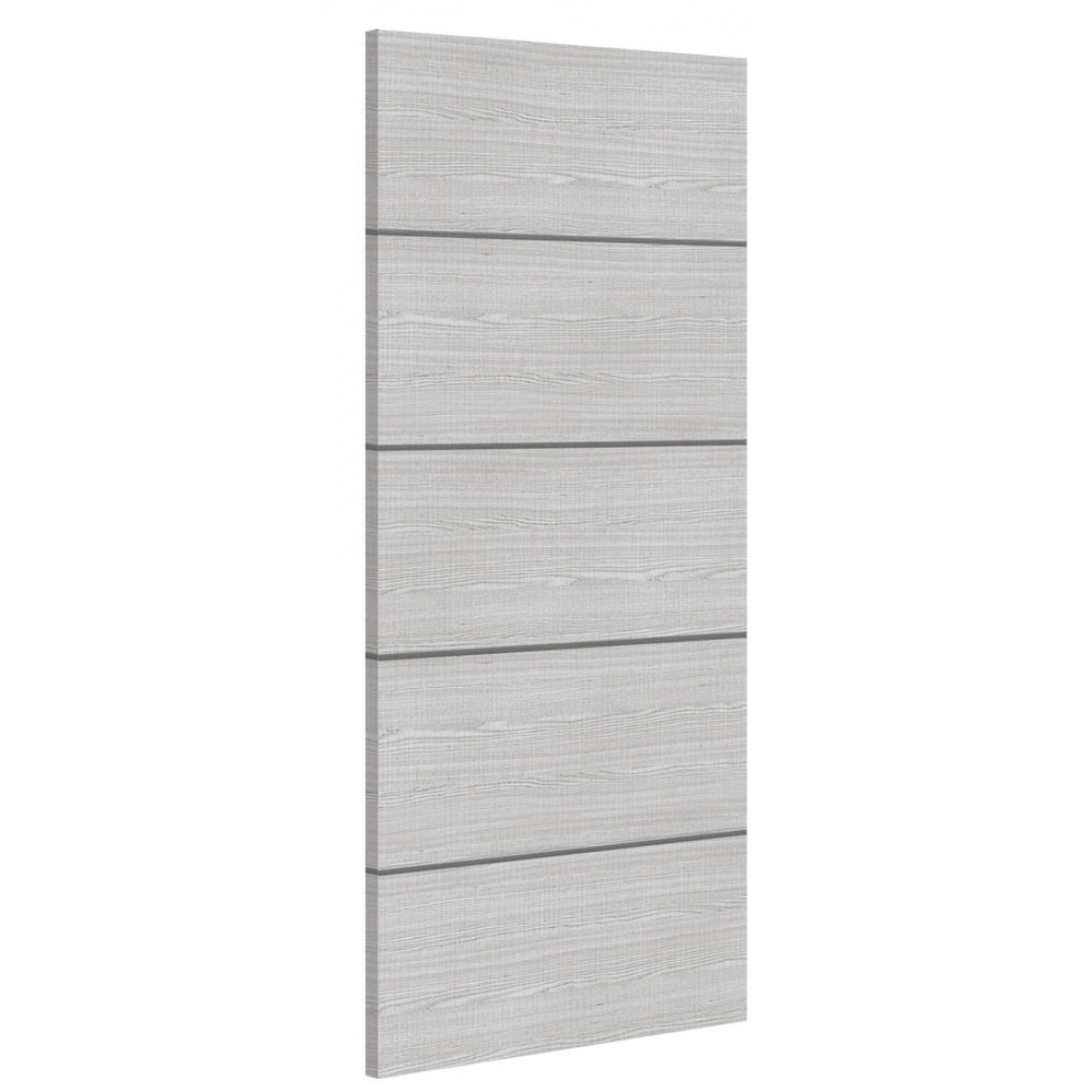 Light grey ash flush FD30 fire door with a horizontal inlay, angled view