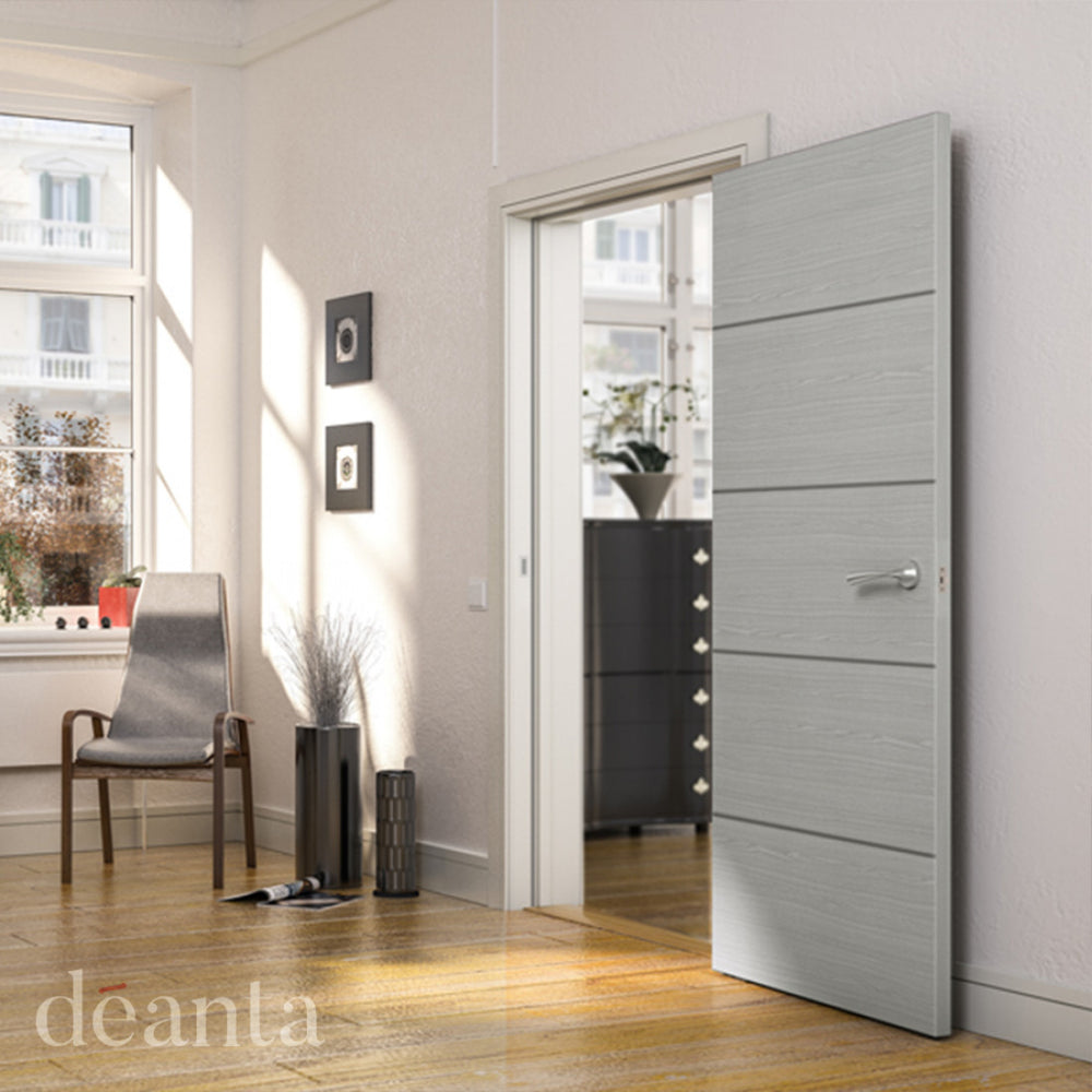 Light grey ash flush fire door with a horizontal inlay in a light room