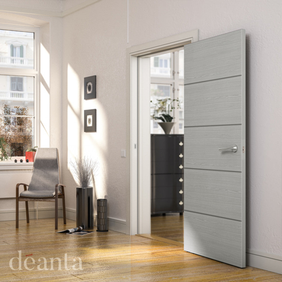 Lifestyle flush door light grey ash half-glazed internal door in a light room