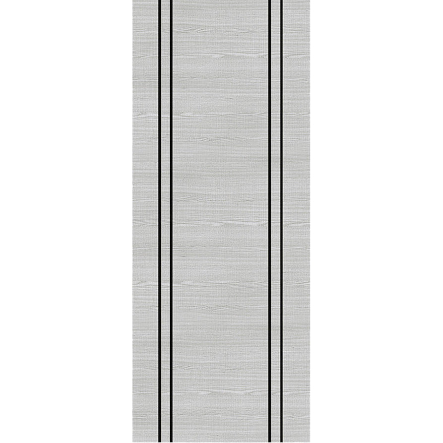 Product light grey flush internal door with black vertical inlay strips, front view
