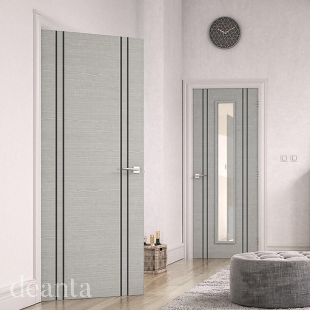 Lifestyle flush door light grey ash internal door in a light room with neutral decor