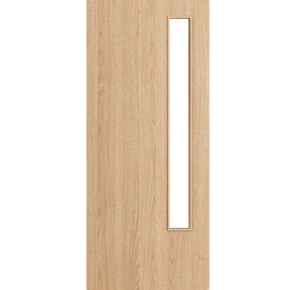 Product flush prefinished oak glazed FD30 fire door with narrow vertical glass panel
