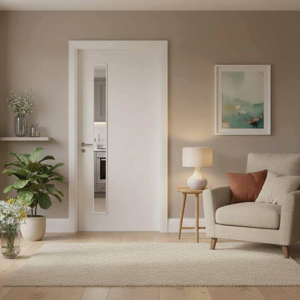 Lifestyle flush white primed clear glazed FD30 fire door in a neutral living room