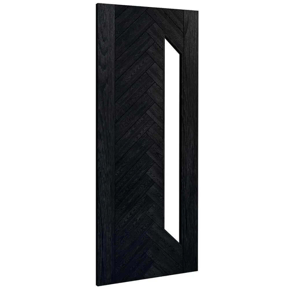 Black wooden door with a herringbone pattern on a white background