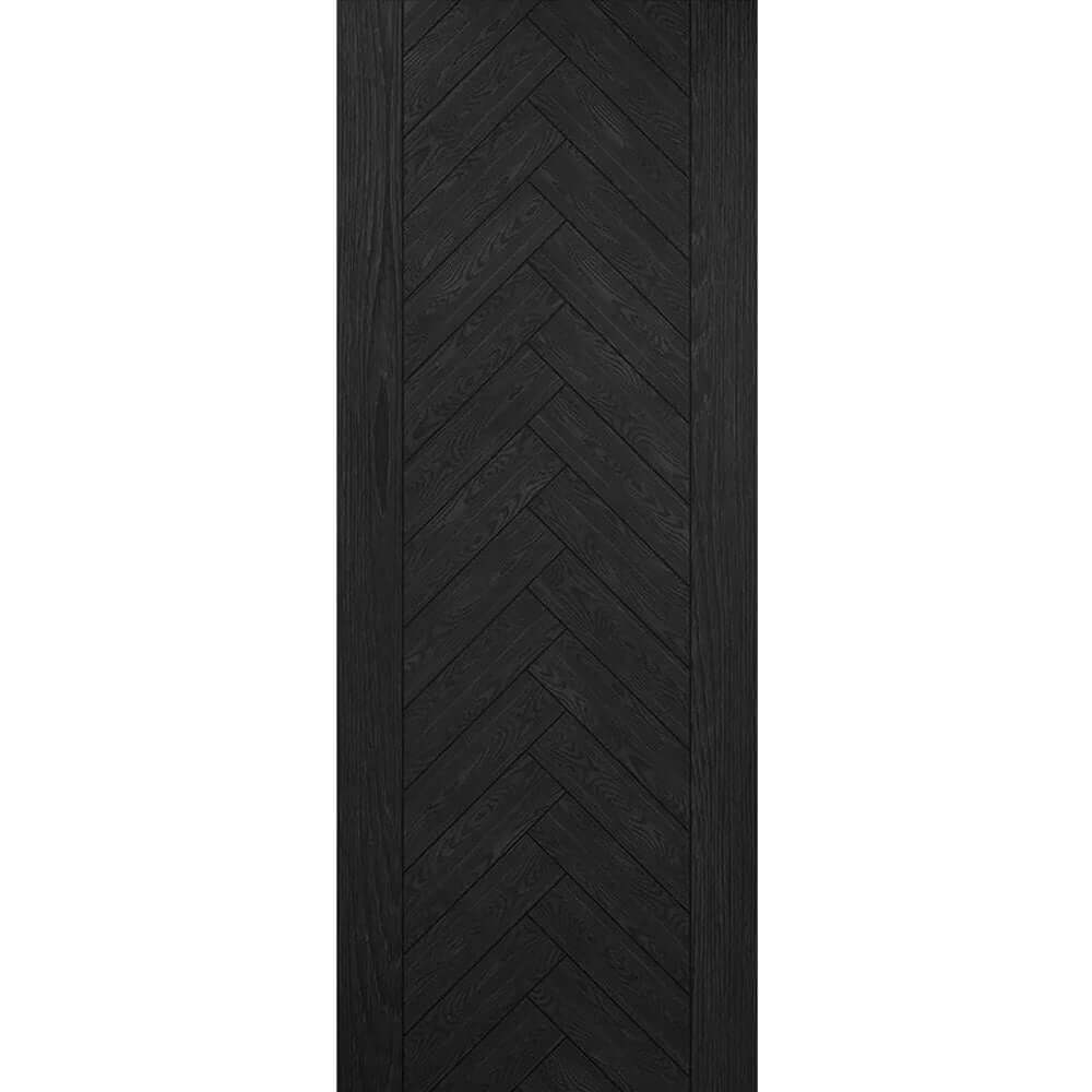 Product Fontaine brushed black oak internal door with chevron woodgrain design, front view