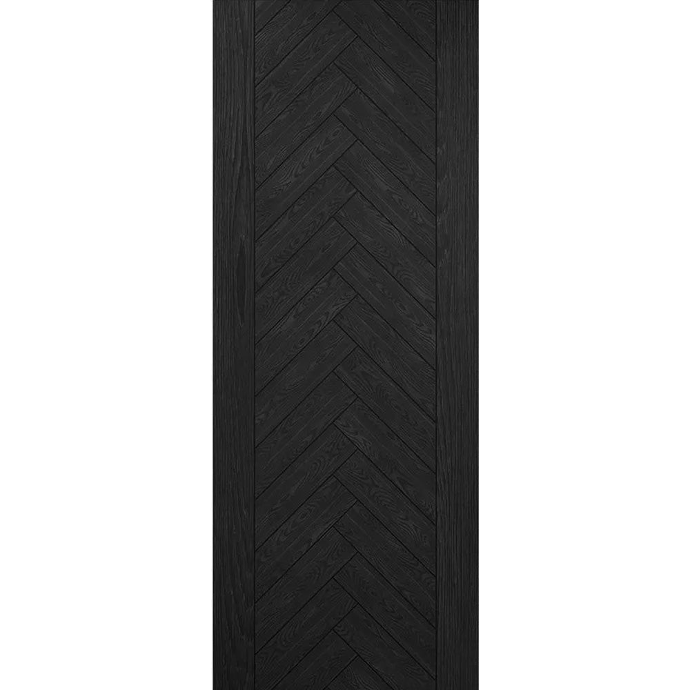 Black door with a chevron pattern on a white background