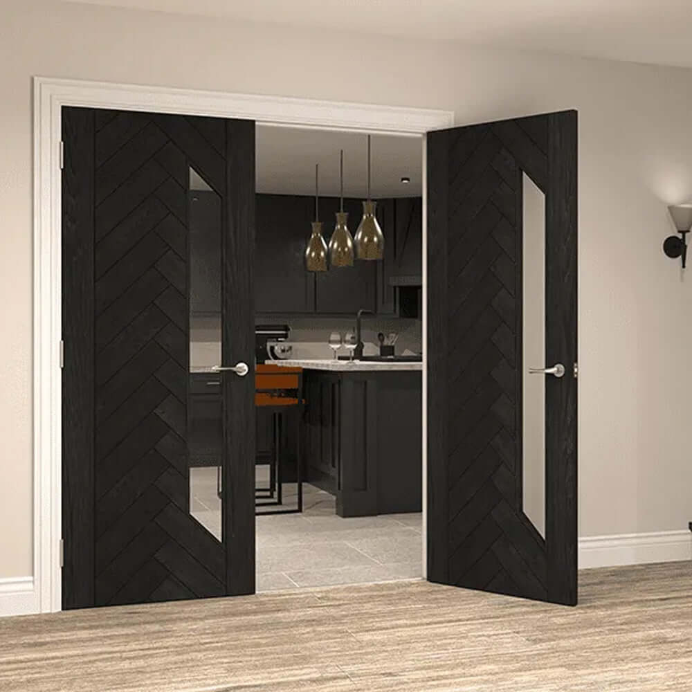 Lifestyle Fontaine brushed black oak glazed double doors in a modern kitchen entrance
