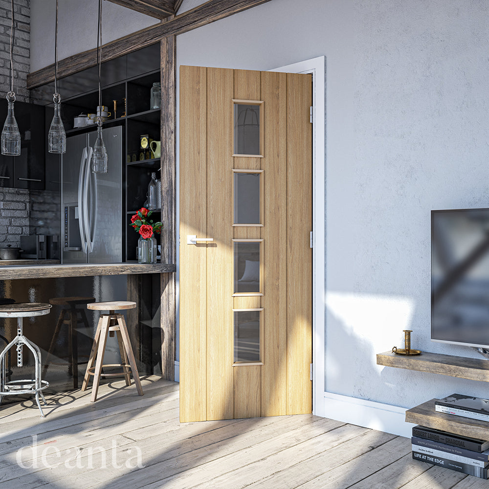 Lifestyle oak Galway clear glazed internal door in a bright room with neutral decor