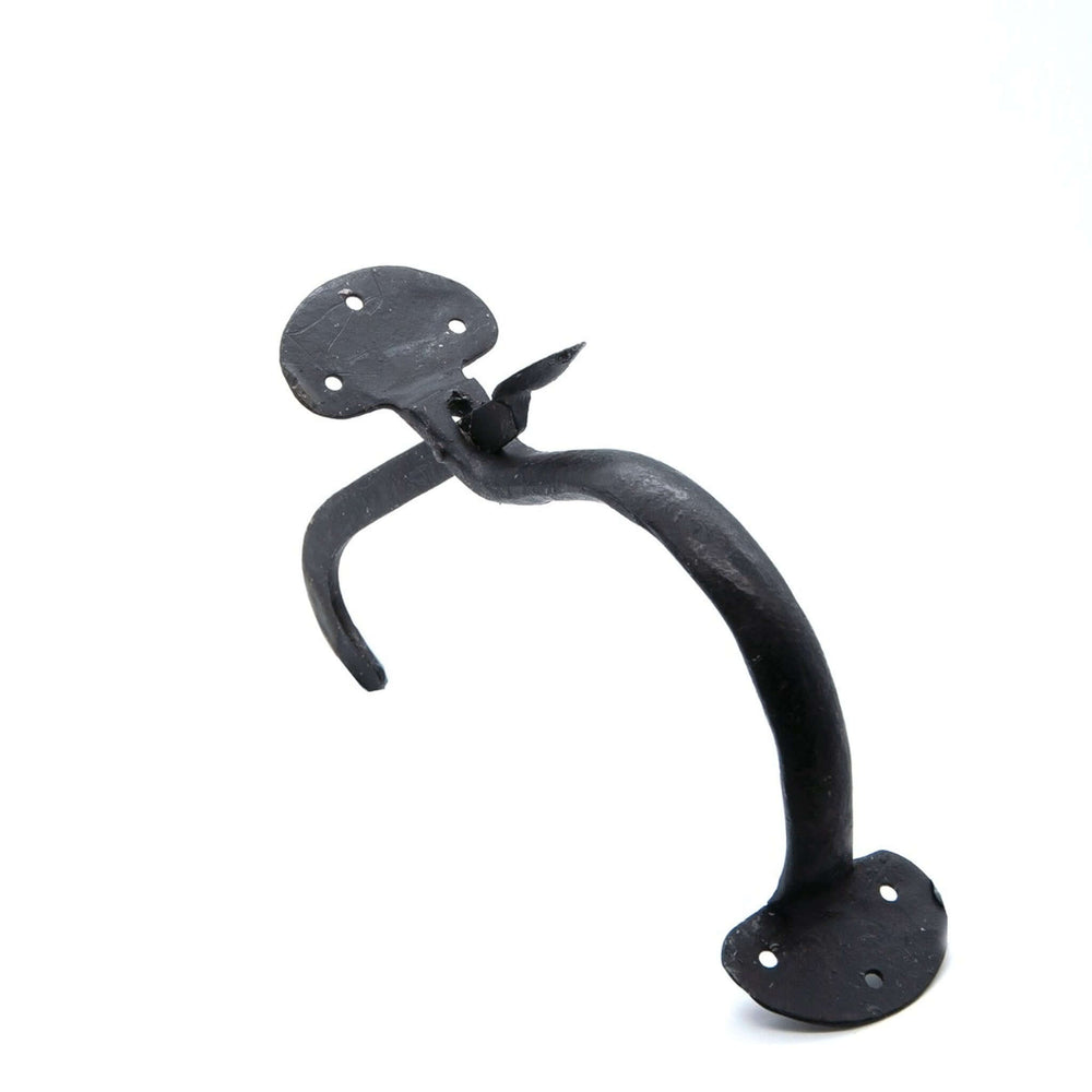 Product hand forged Suffolk latch set in black iron with curved thumb latch