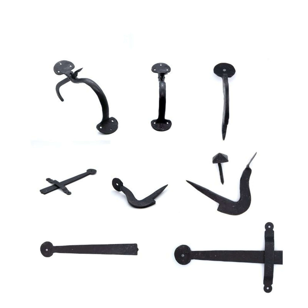 Product hand forged Suffolk latch set with black iron thumb latch, keeper and screws