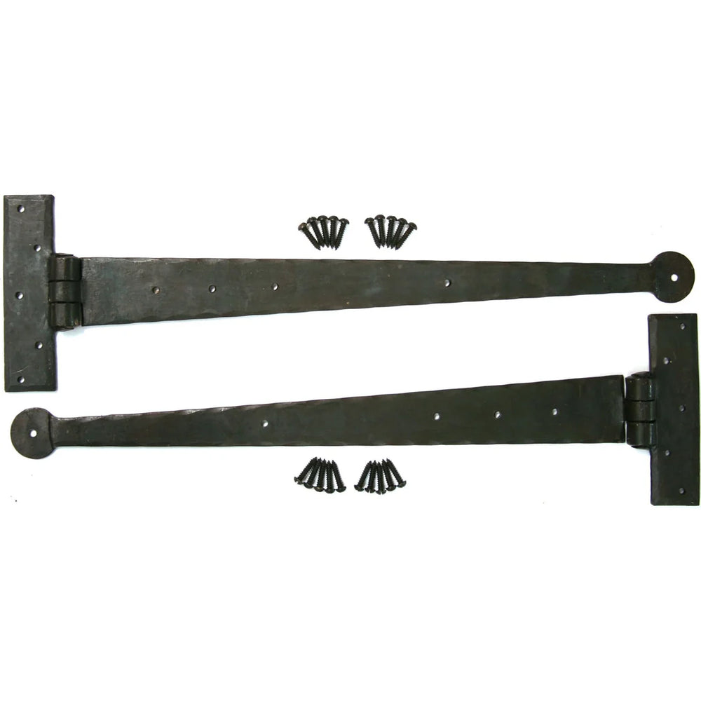 Product black hand forged T hinge on a white background
