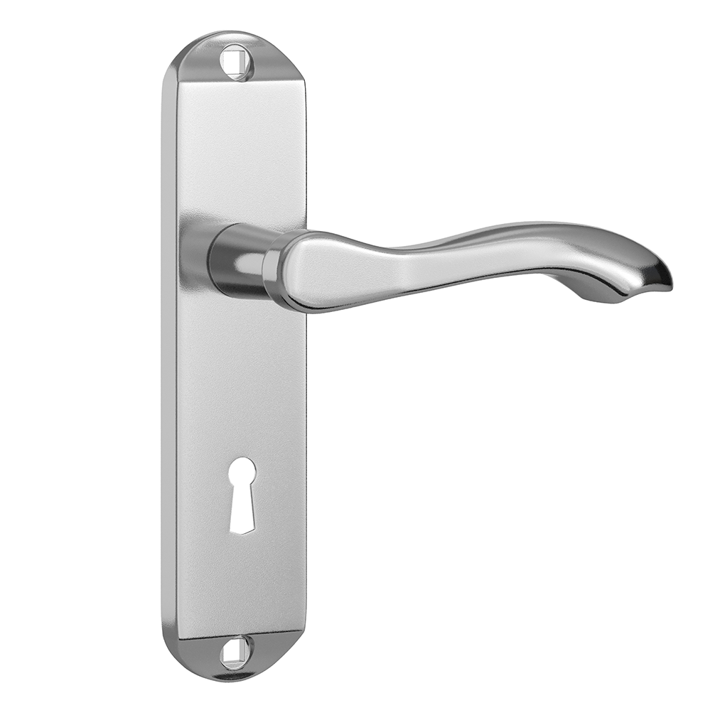 Product External front door handle set in polished chrome — lever handles, mortice sashlock and butt hinges