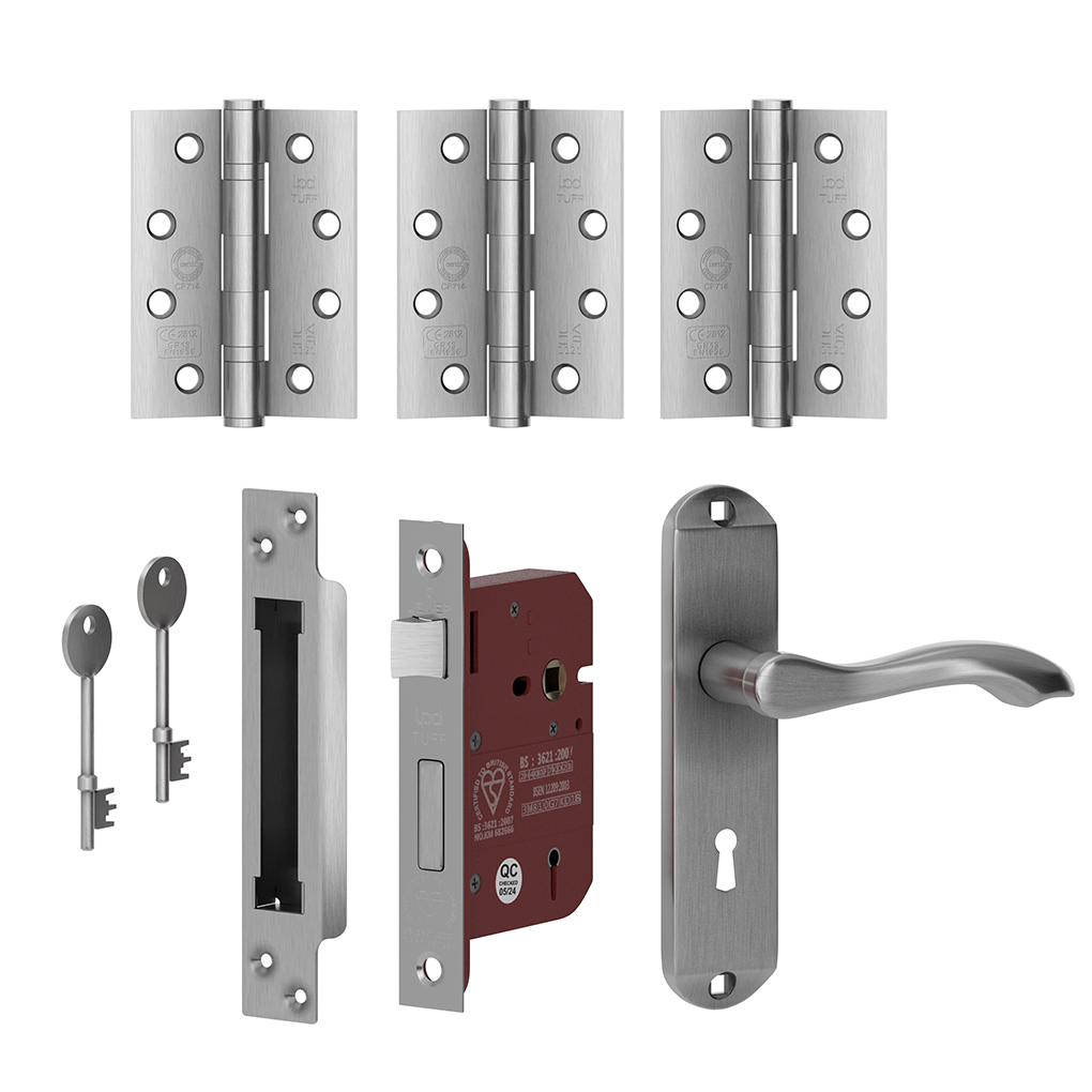 Product Satin chrome lever handle fitted to an external front door
