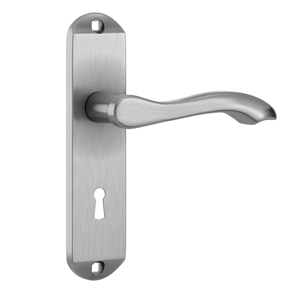 Product External front door handle set in satin chrome — lever handles, mortice sashlock and butt hinges