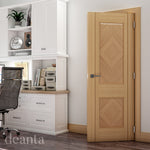 Lifestyle oak Kensington solid internal door in a bright interior with pale walls and wood flooring