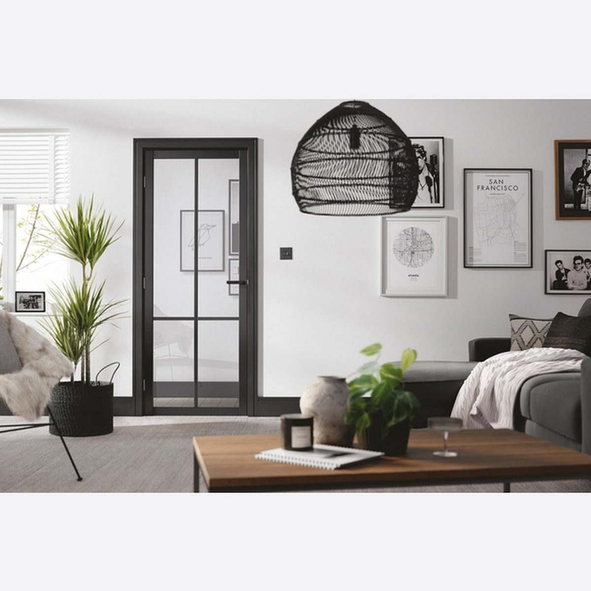 Liberty 4P Prefinished Black Clear Glazed Internal Door - Lifestyle Image 1