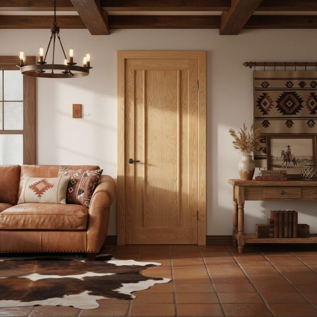 Lifestyle Lincoln prefinished oak three-panel FD30 fire door installed in a room setting