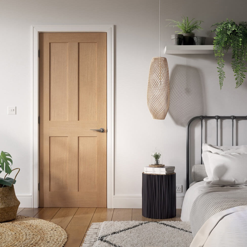 Lifestyle unfinished oak FD30 internal fire door in an interior setting